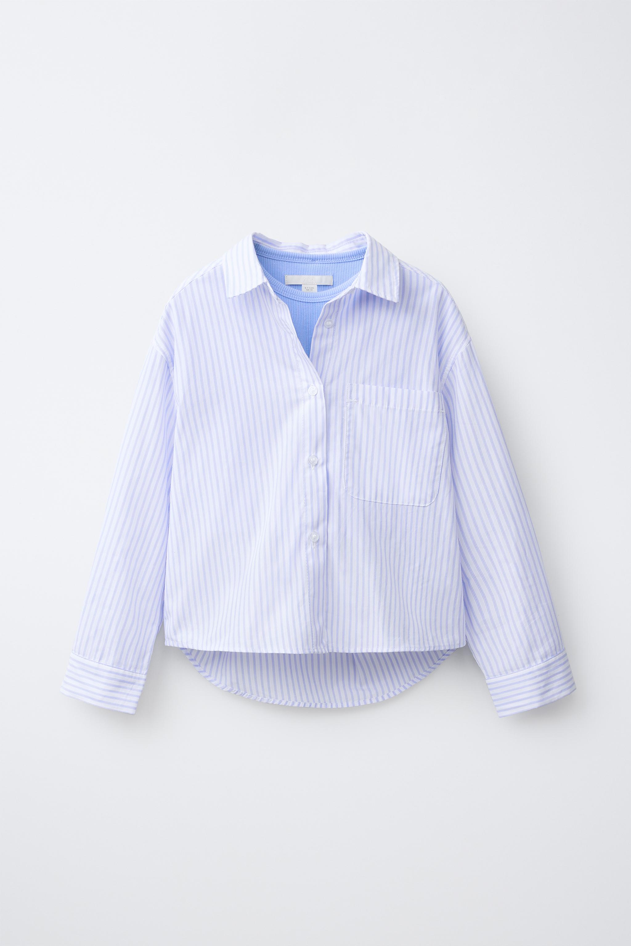 STRIPED SHIRT AND EMBROIDERED RIB T-SHIRT SET — Blue