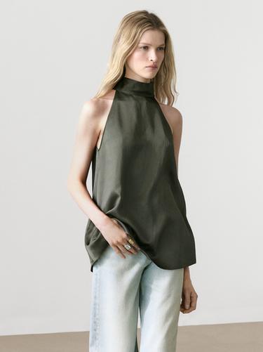 Top halter lazada satinado - Verde / Azul de Zara