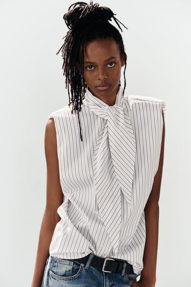 STRIPED SHIRT WITH TIE DETAIL AND SHOULDER PADS - brown/white by Zara