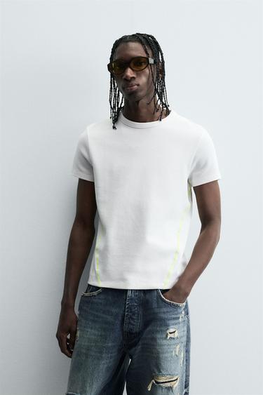 CONTRAST WAFFLE-KNIT T-SHIRT - Oyster-white by Zara