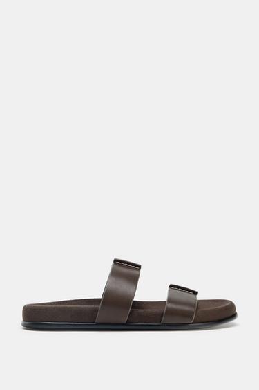 DOUBLE STRAP LEATHER SANDALS - Chocolate Brown by Zara