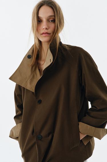Zara ZW COLLECTION 格紋雙面穿外套 - 淺米色
