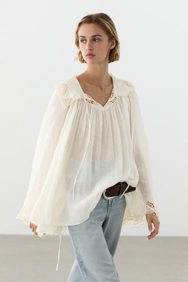 Zara Embroidered flowing blouse - Ecru