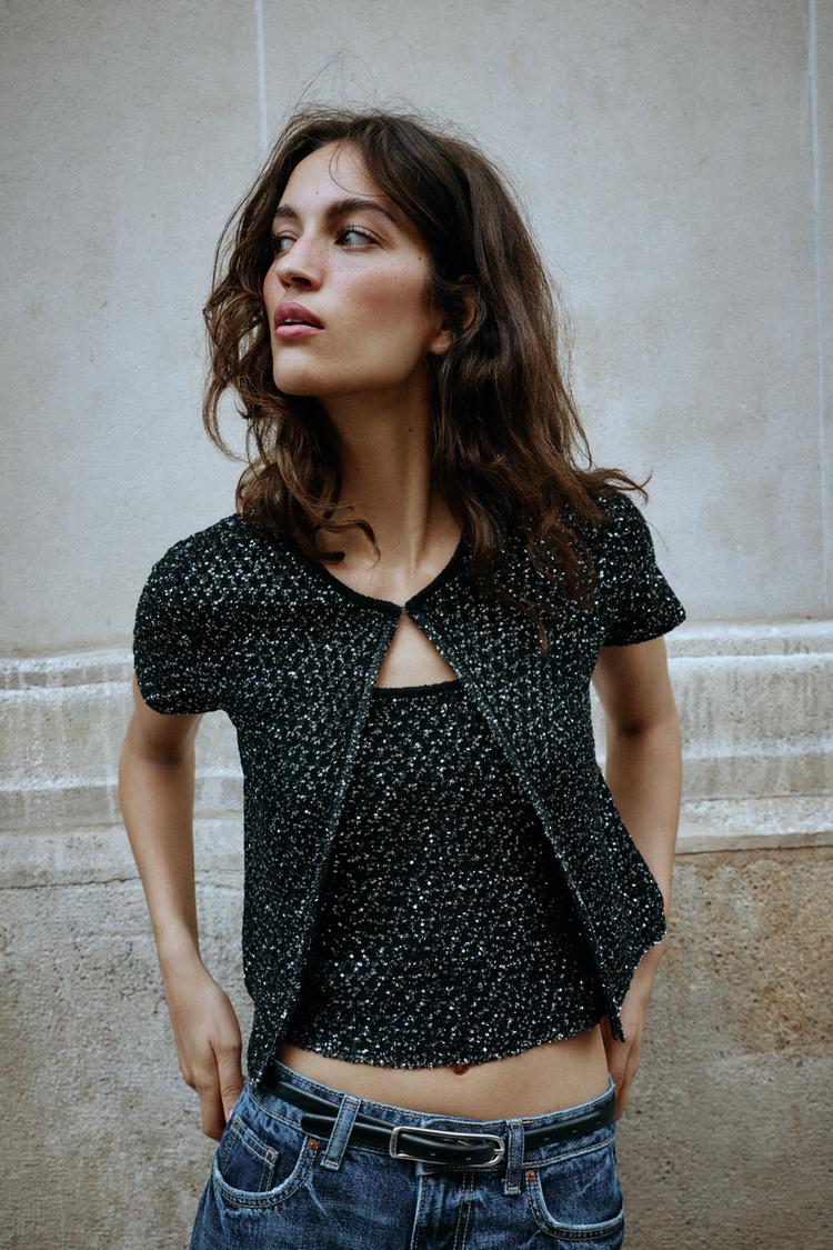 SEQUINED METALLIC THREAD CARDIGAN — Black