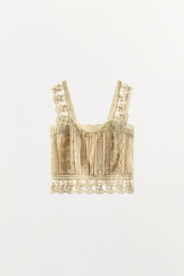 SATIN TOP WITH PLEATS AND LACE - Oyster-white by Zara - Image 2