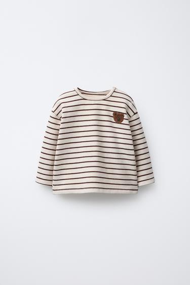 ФУТБОЛКА В ПОЛОСКУ С МИШКОЙ — Цвет небеленого полотна/Коричневый от Zara — изображение 0