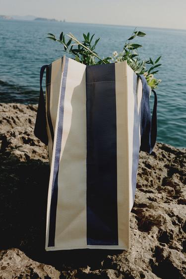 STRIPED TOTE BAG - Ecru / Blue by Zara