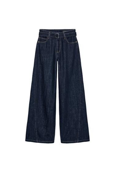 DŽÍNY ZW COLLECTION WIDE LEG S VYSOKÝM PASEM A PÁSKEM - Modrá od Zara