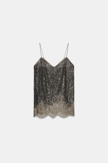 TOP À BRETELLES PAILLETTES ZW COLLECTION - Argent foncé de Zara - Image 6