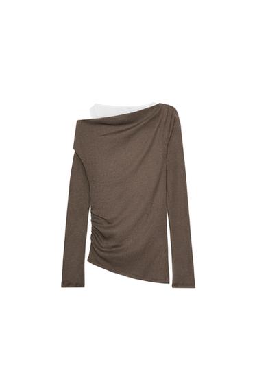 АСИМЕТРИЧНА ФУТБОЛКА З ПОДВІЙНИМ ЕФЕКТОМ - Коричневий/сіро-коричневий Zara