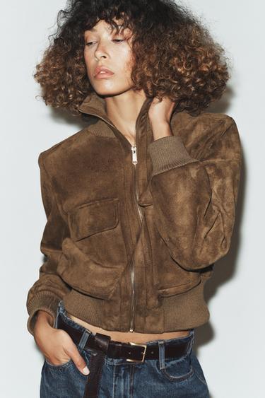 Zara RIB HIGH COLLAR BOMBER JACKET - Light beige