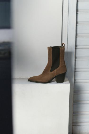 Zara 絨面高跟踝靴 - 棕色