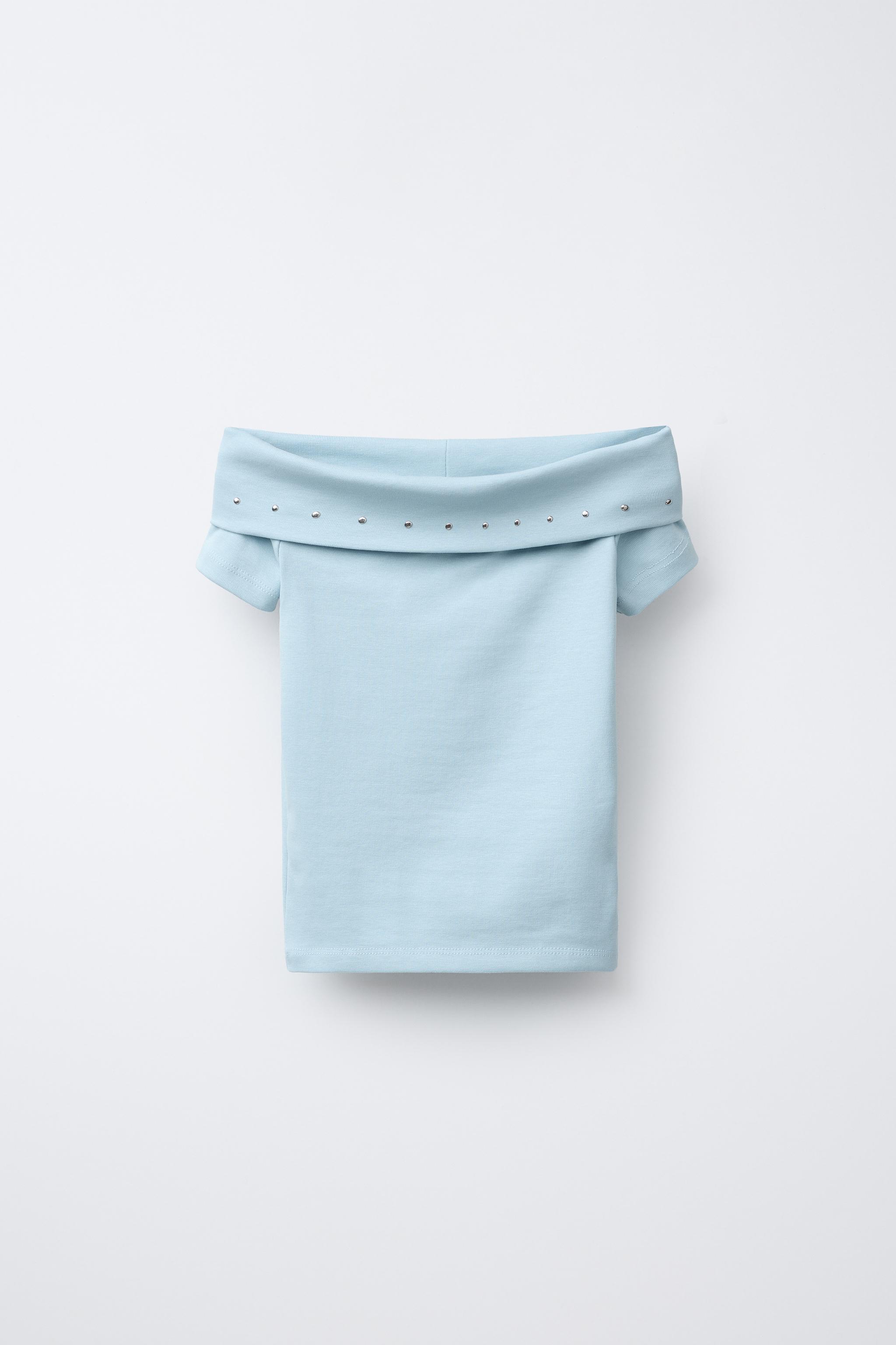 Zara OFF-THE-SHOULDER STUDDED T-SHIRT INTERNATIONAL SHIPPING