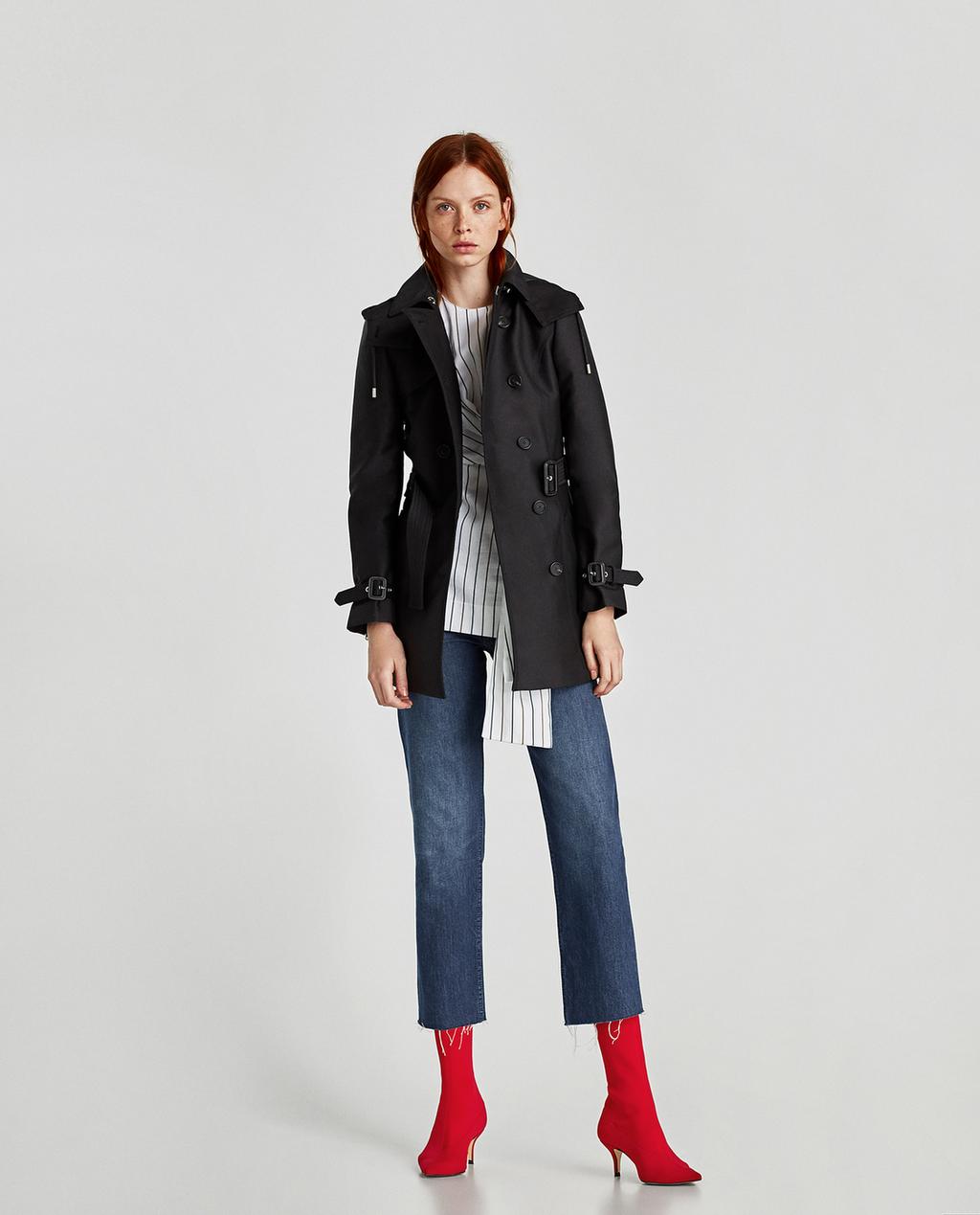 Tommy Hilfiger Hooded Double Ted Belted Trench Coat Where Grey Lapel Collar Irregular Hem Trench Coat