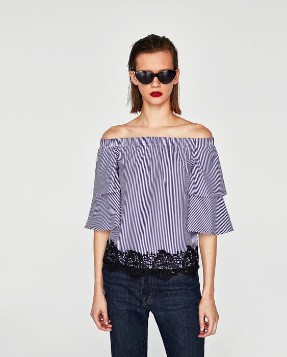 Image 6 of OFF-THE-SHOULDER TOP WITH GUIPURE DETAIL. from Zara