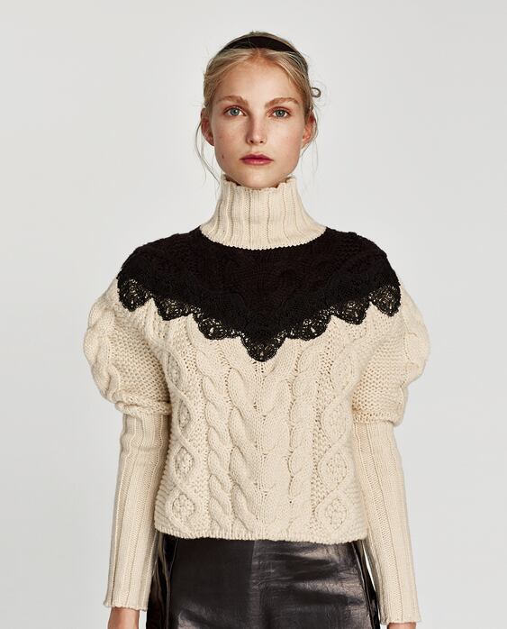 Image 4 of CABLE-KNIT SWEATER WITH LACE NECKLINE from Zara