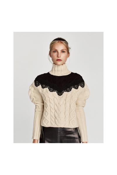 Image 4 of CABLE-KNIT SWEATER WITH LACE NECKLINE from Zara