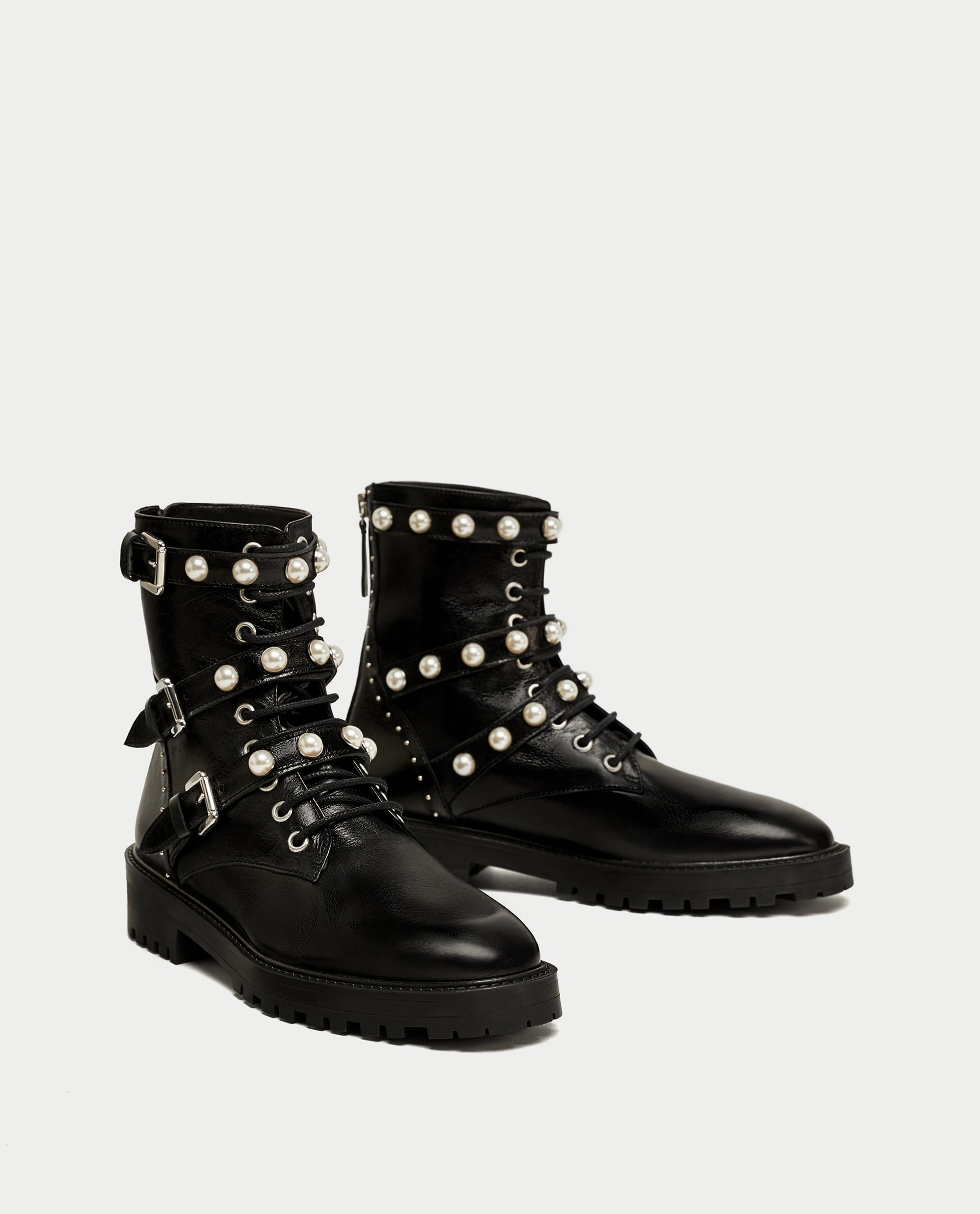 LEATHER ANKLE BOOTS WITH FAUX PEARLS