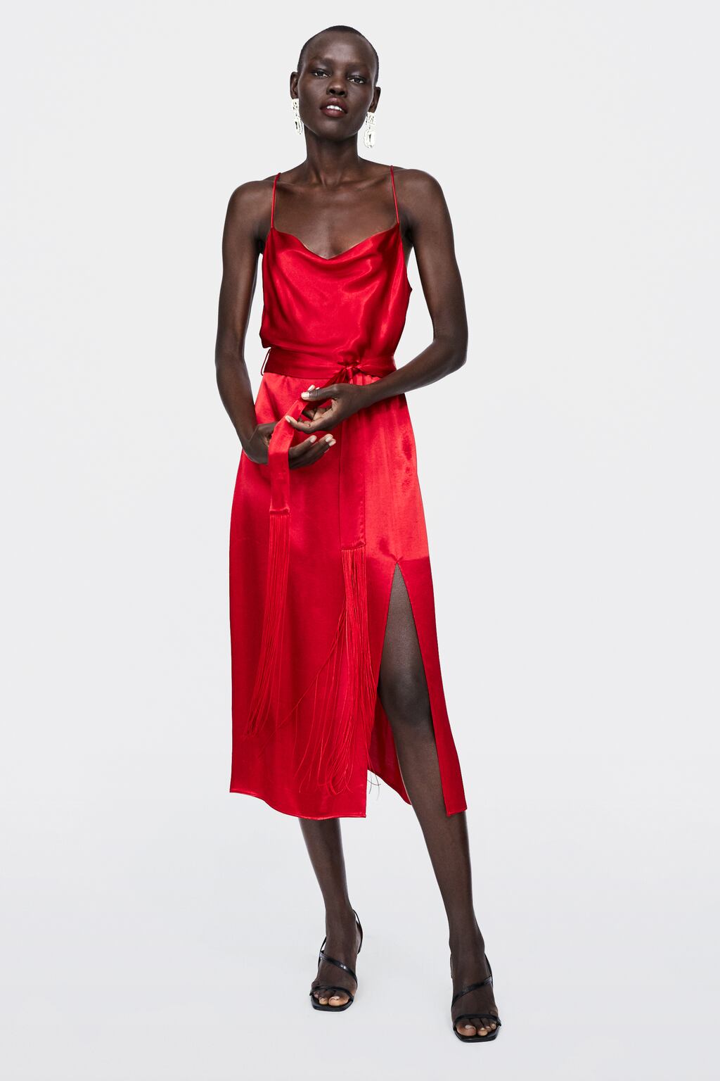 Image 1 of LINGERIE-STYLE FRINGED DRESS WITH BELT from Zara