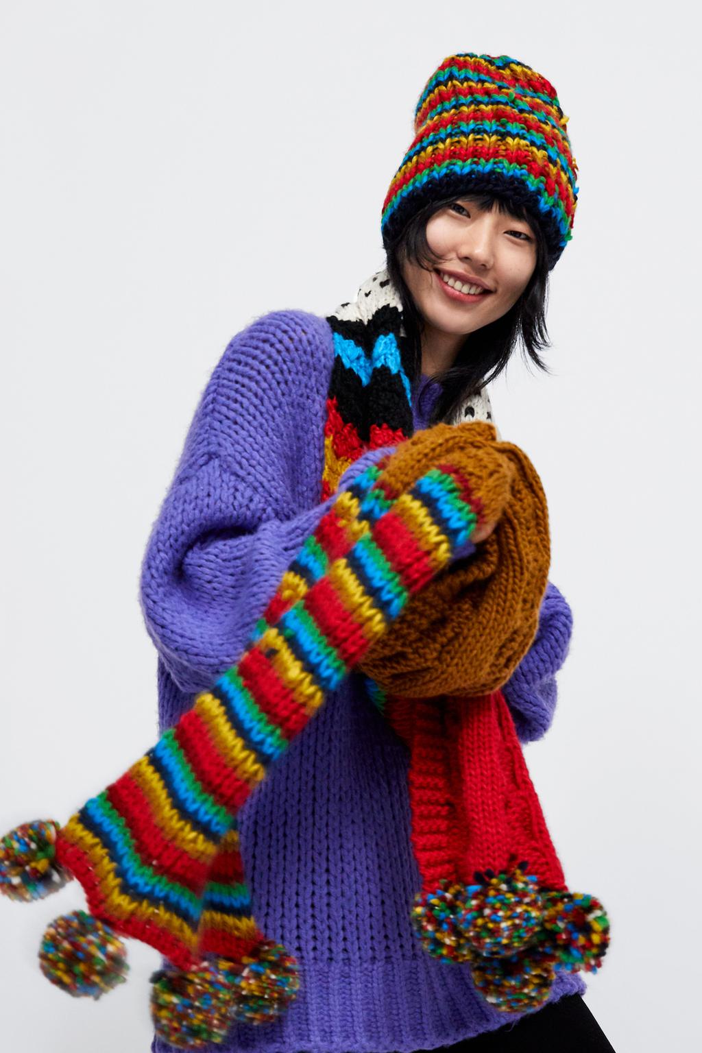 Image 4 of PATCHWORK SCARF WITH POMPOMS from Zara