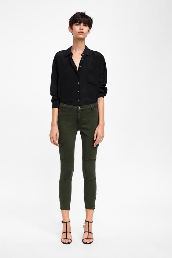 Immagine 1 di JEANS ZW PREMIUM SKINNY CARGO FOREST KHAKI SATIN di Zara