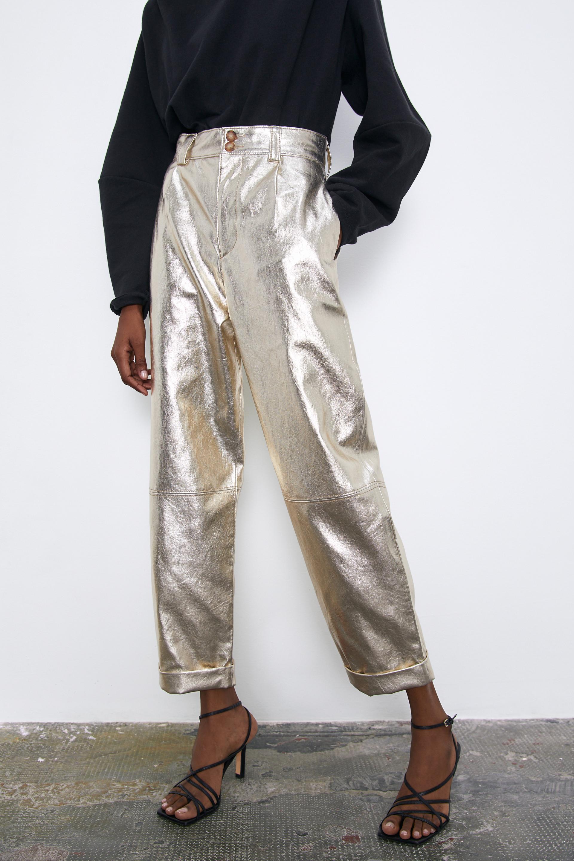 Metallic Faux Leather Slouchy Trousers Zara United Arab Emirates