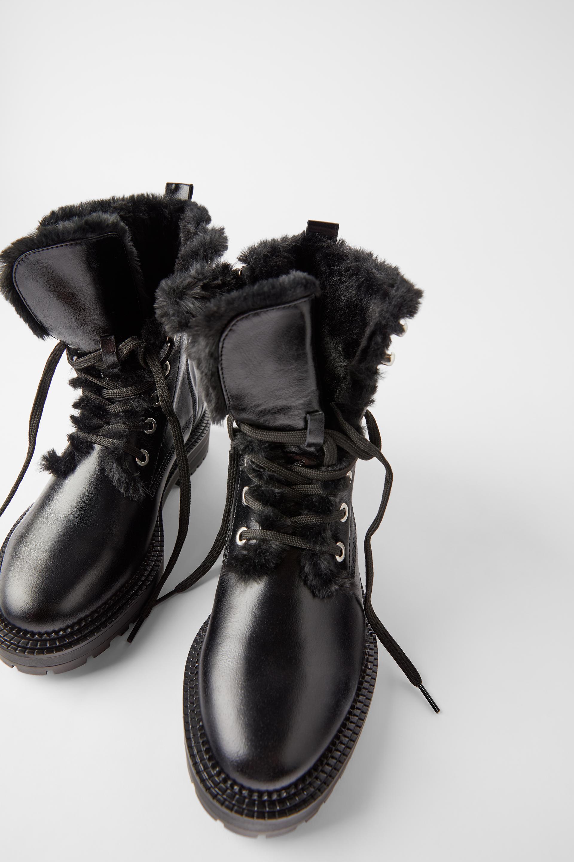 Flat Leather Biker Ankle Boots With Faux Fur Ankle Boots Shoes