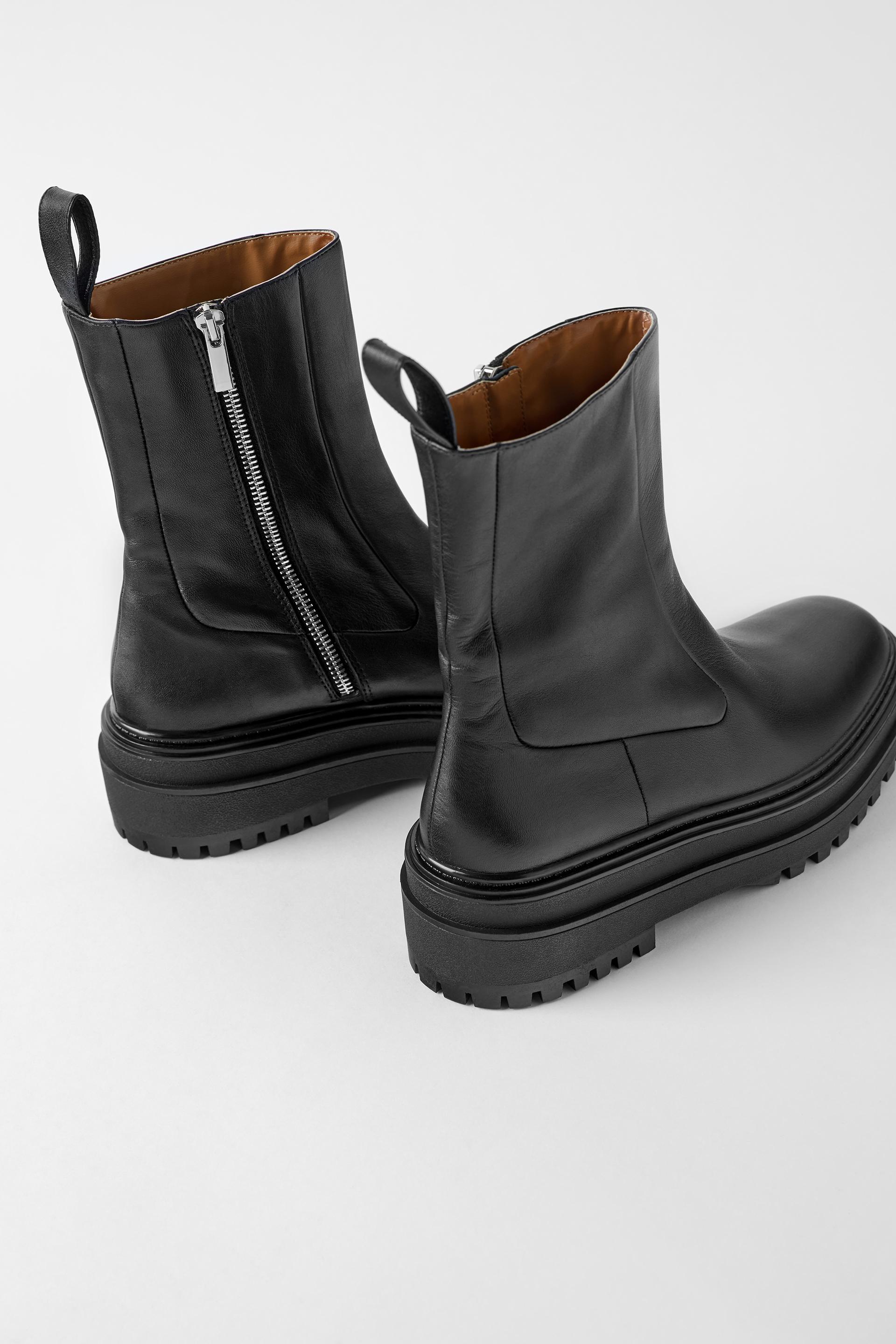 Flat Leather Ankle Boots With Track Sole Zara International