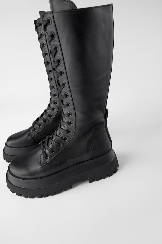 Flat Leather Boots With Track Soles Zara International