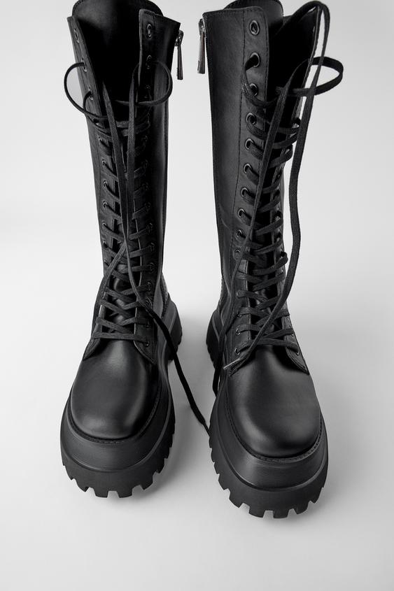 Flat Leather Boots With Track Soles Zara International