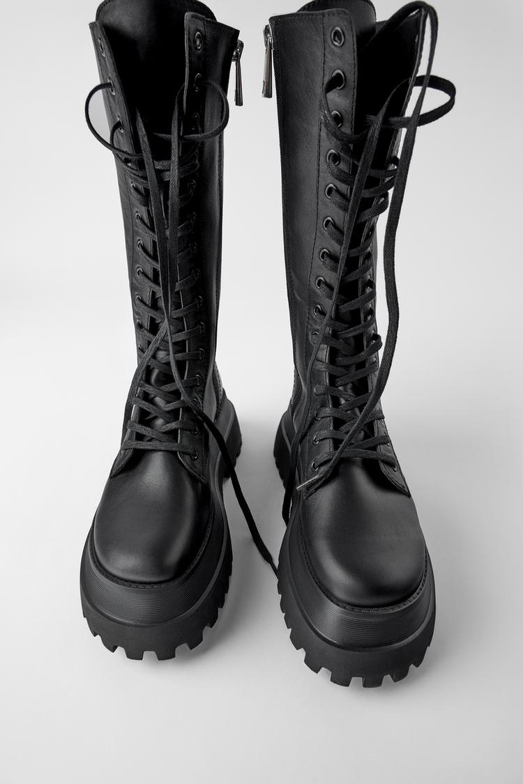 Flat Leather Boots With Track Soles Zara United Kingdom
