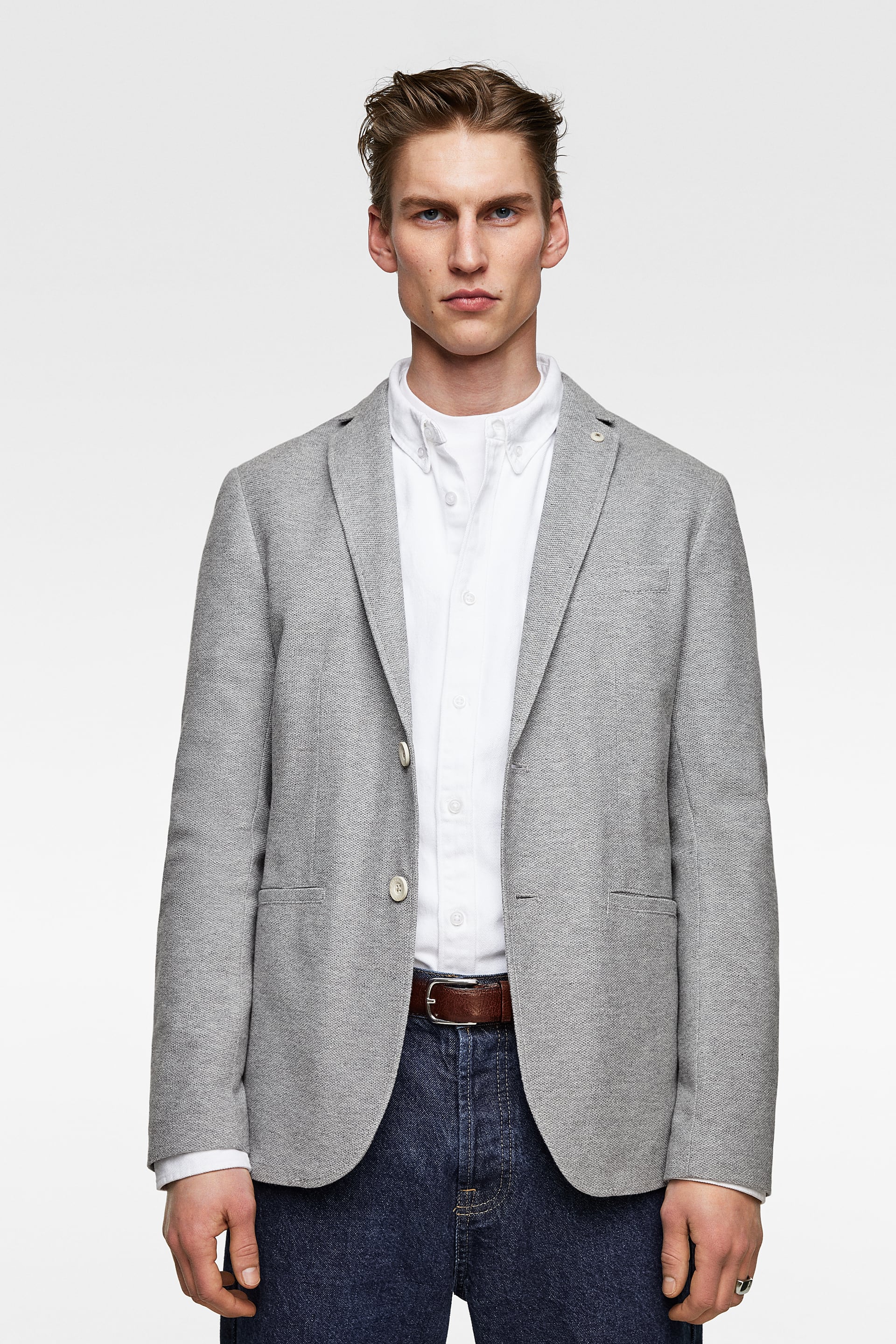 Men's outfit inspiration photo shoot STRUCTURED BLAZER WITH ELBOW PATCHES from Zara