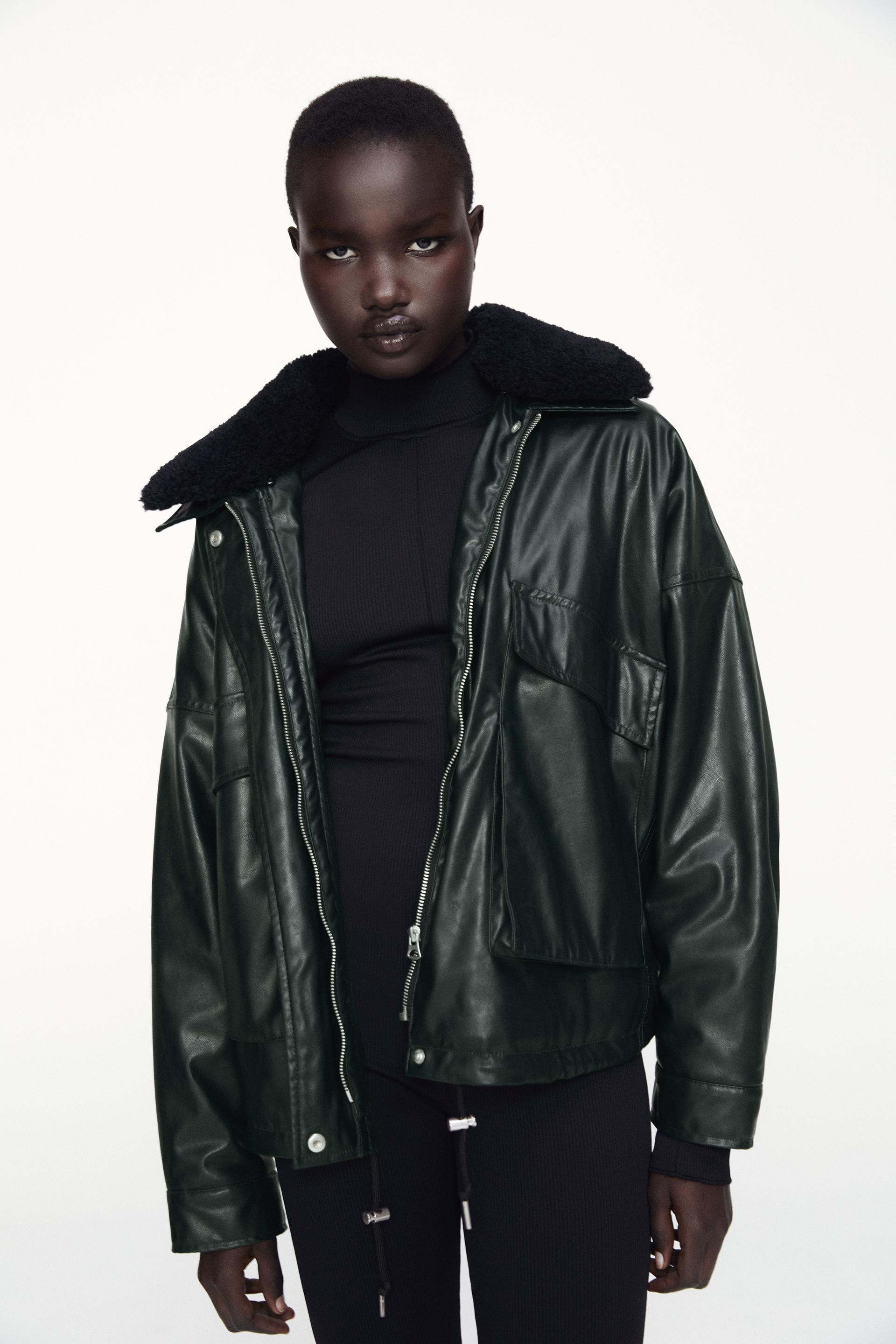 Contrasting faux fur jacket green zara Clearance