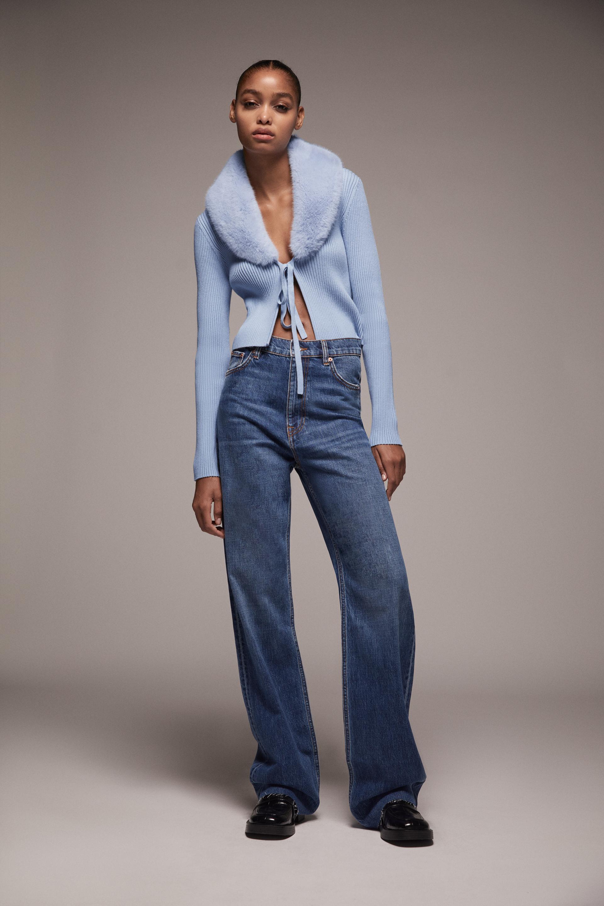 Zara blue contrast knit faux fur jacket Clearance