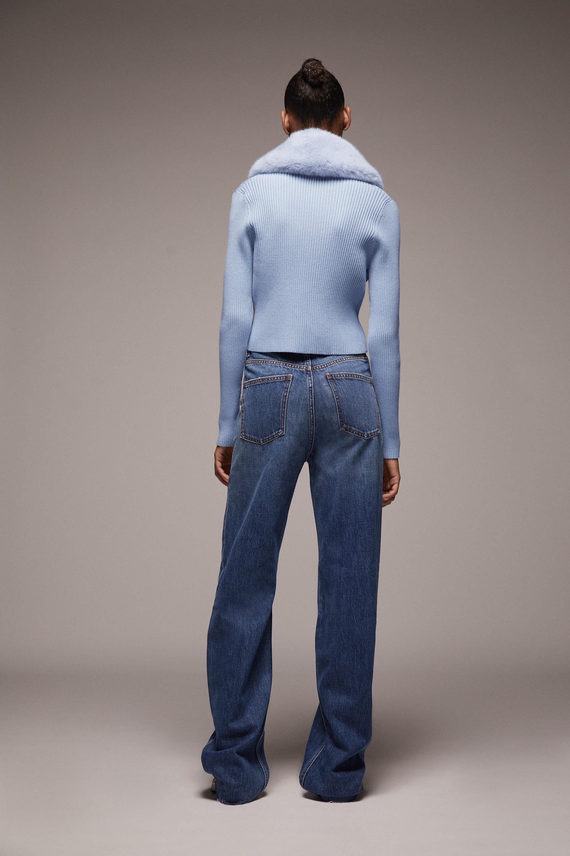 Zara blue contrast knit faux fur jacket Clearance