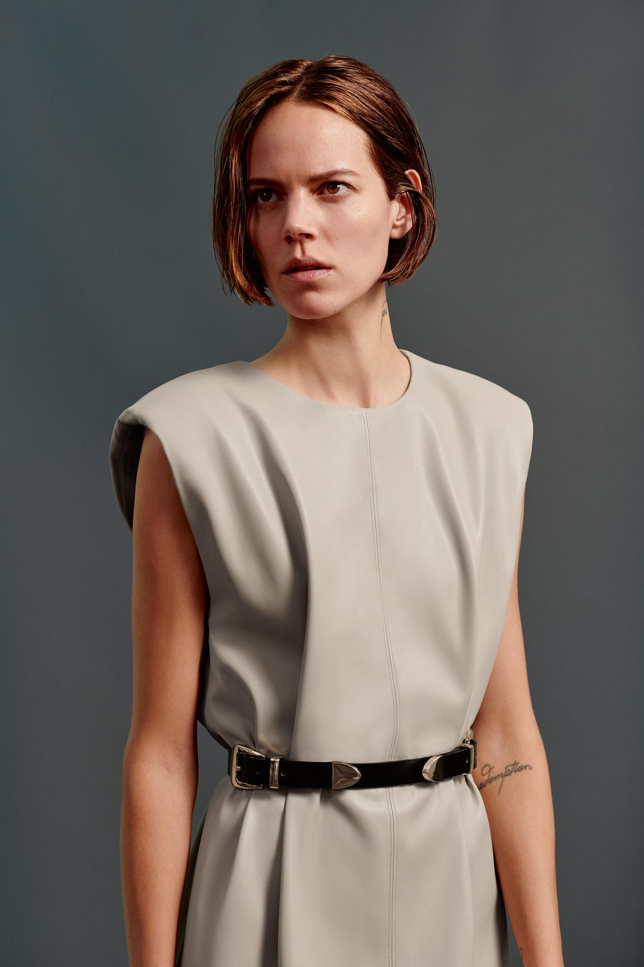 BELTED FAUX LEATHER DRESS