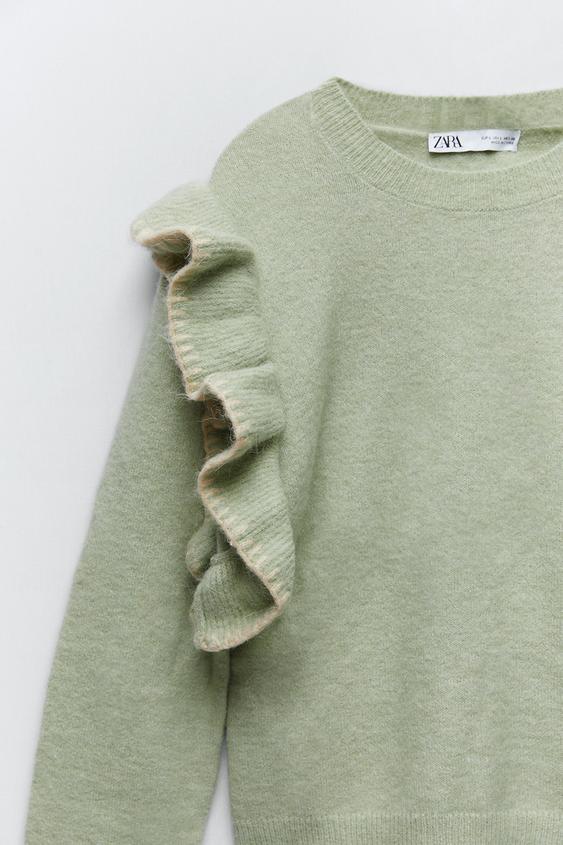 Zara jersey de punto volant trenza cable Knit Sweater Ruffles wool Ecru s