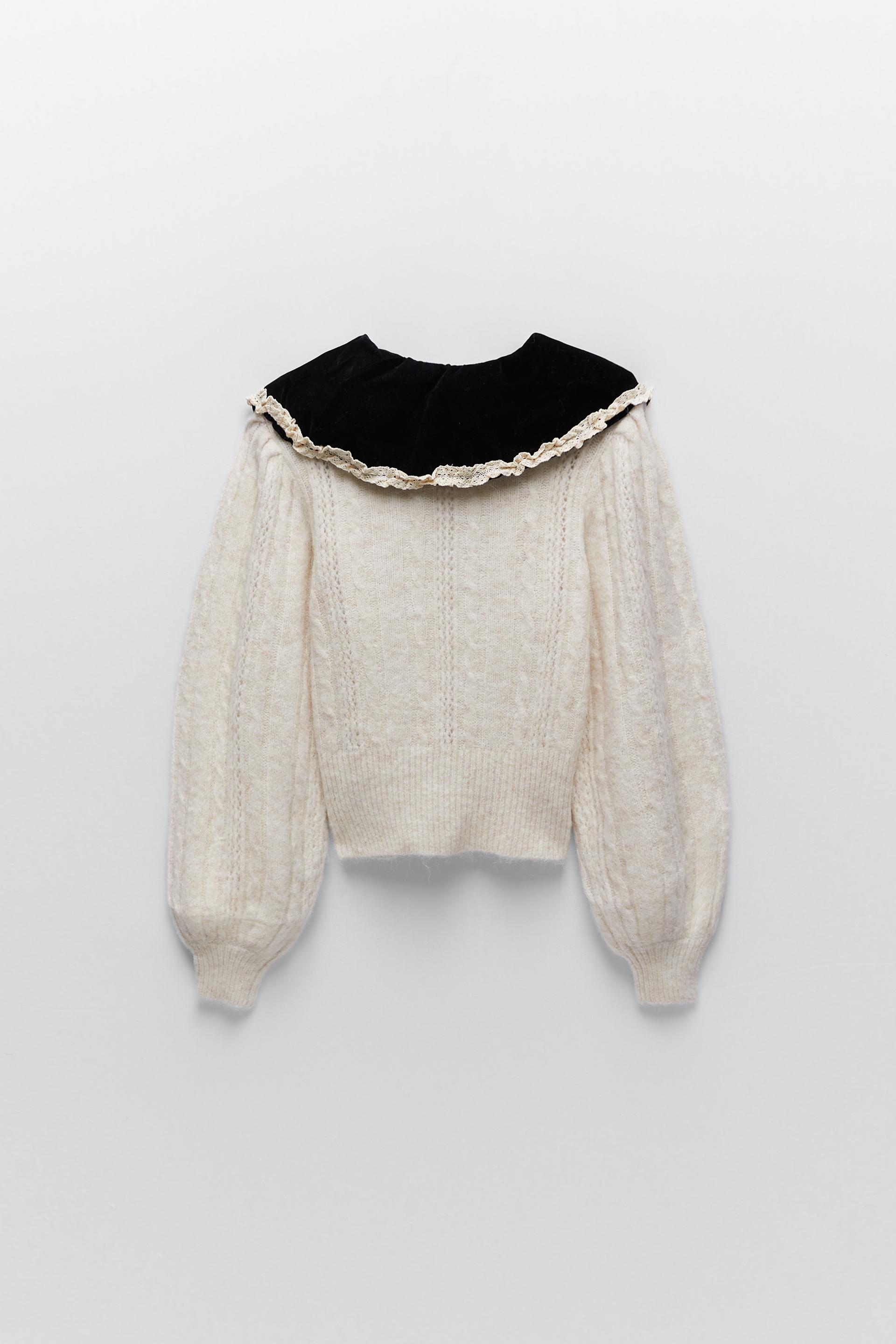 Zara jersey de punto volant trenza cable Knit Sweater Ruffles wool Ecru s