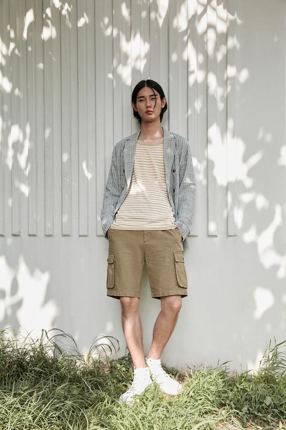 LINEN/COTTON CARGO BERMUDA SHORTS