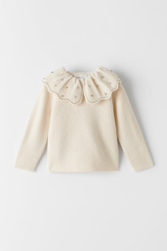 KNIT BIB COLLAR SWEATER WITH APPLIQUÉS