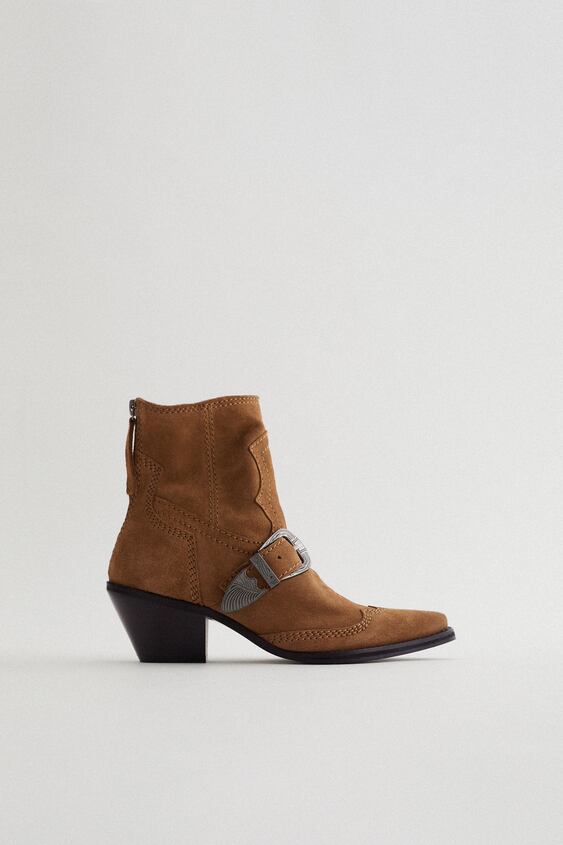 BUCKLED SPLIT SUEDE ANKLE BOOTS WITH COWBOY HEEL