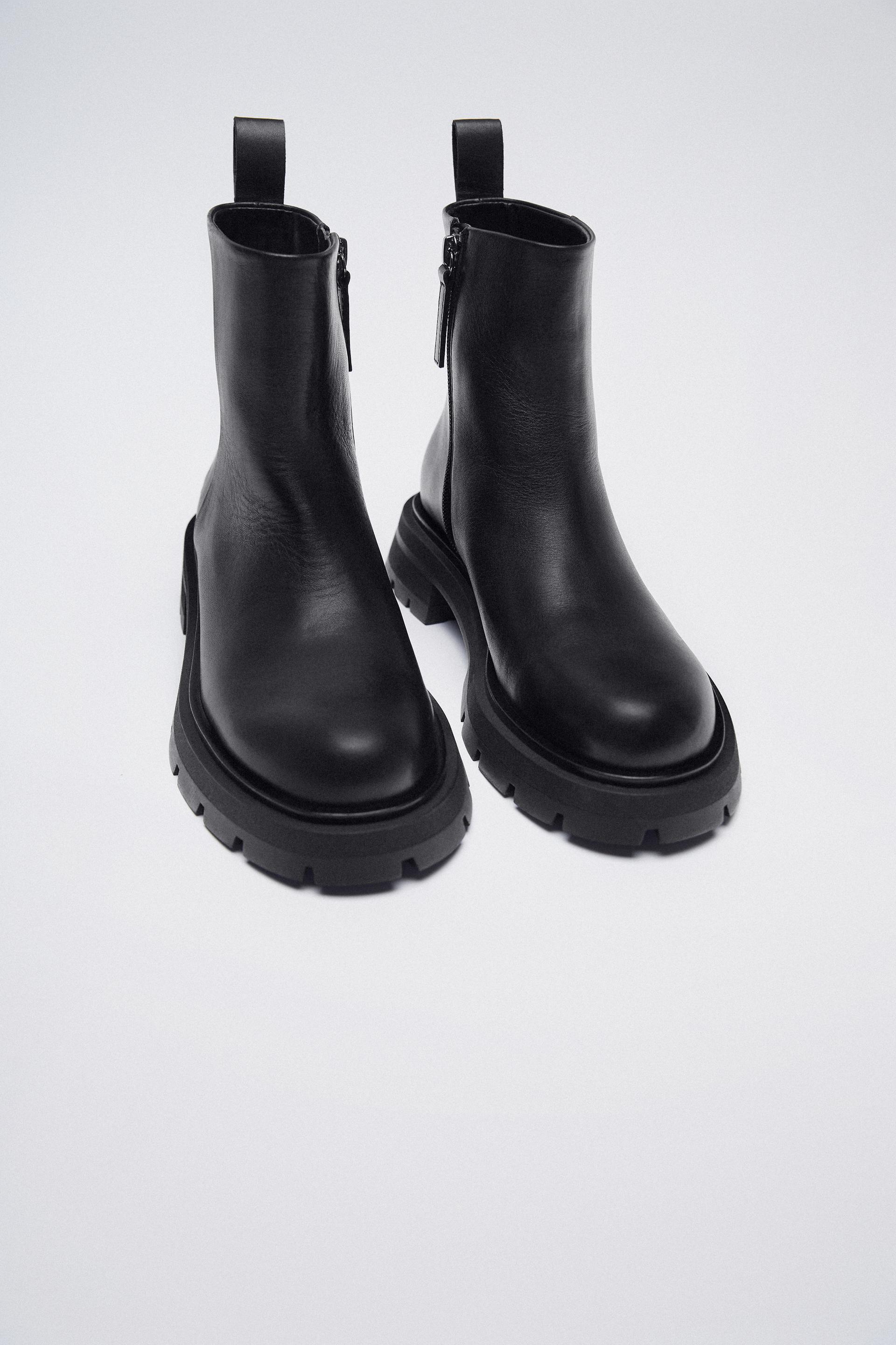 Flat leather ankle boots with track soles zara Clearance