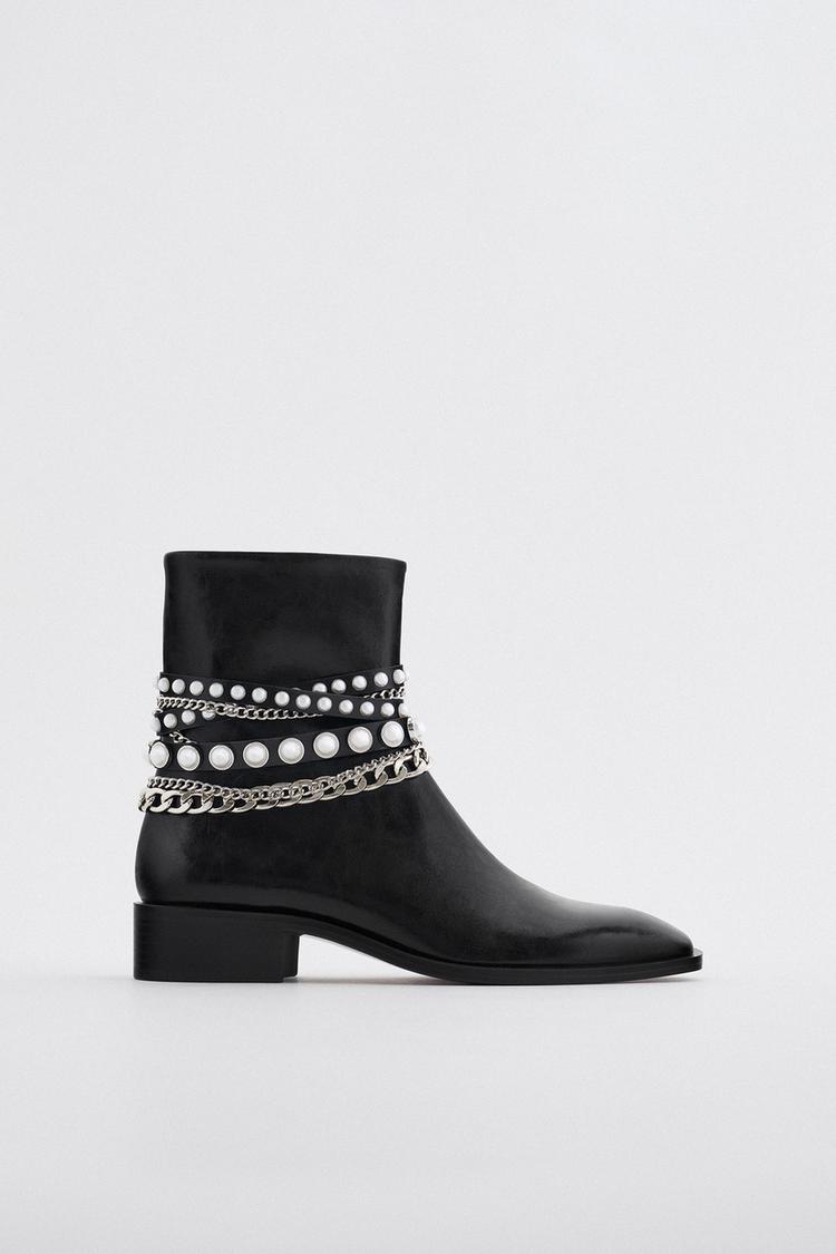 Flat Ankle Boots With Pearl Beads And Chains Zara United Kingdom