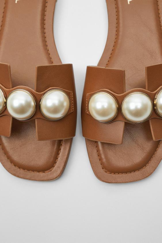 zara flat leather sandals with pearls