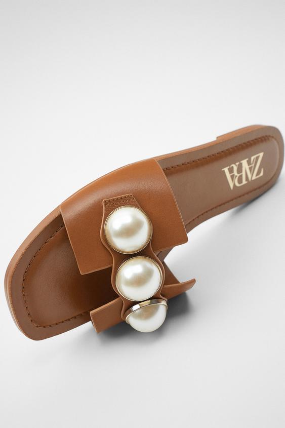 zara flat leather sandals with pearls