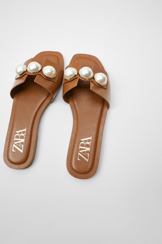zara flat leather sandals with pearls