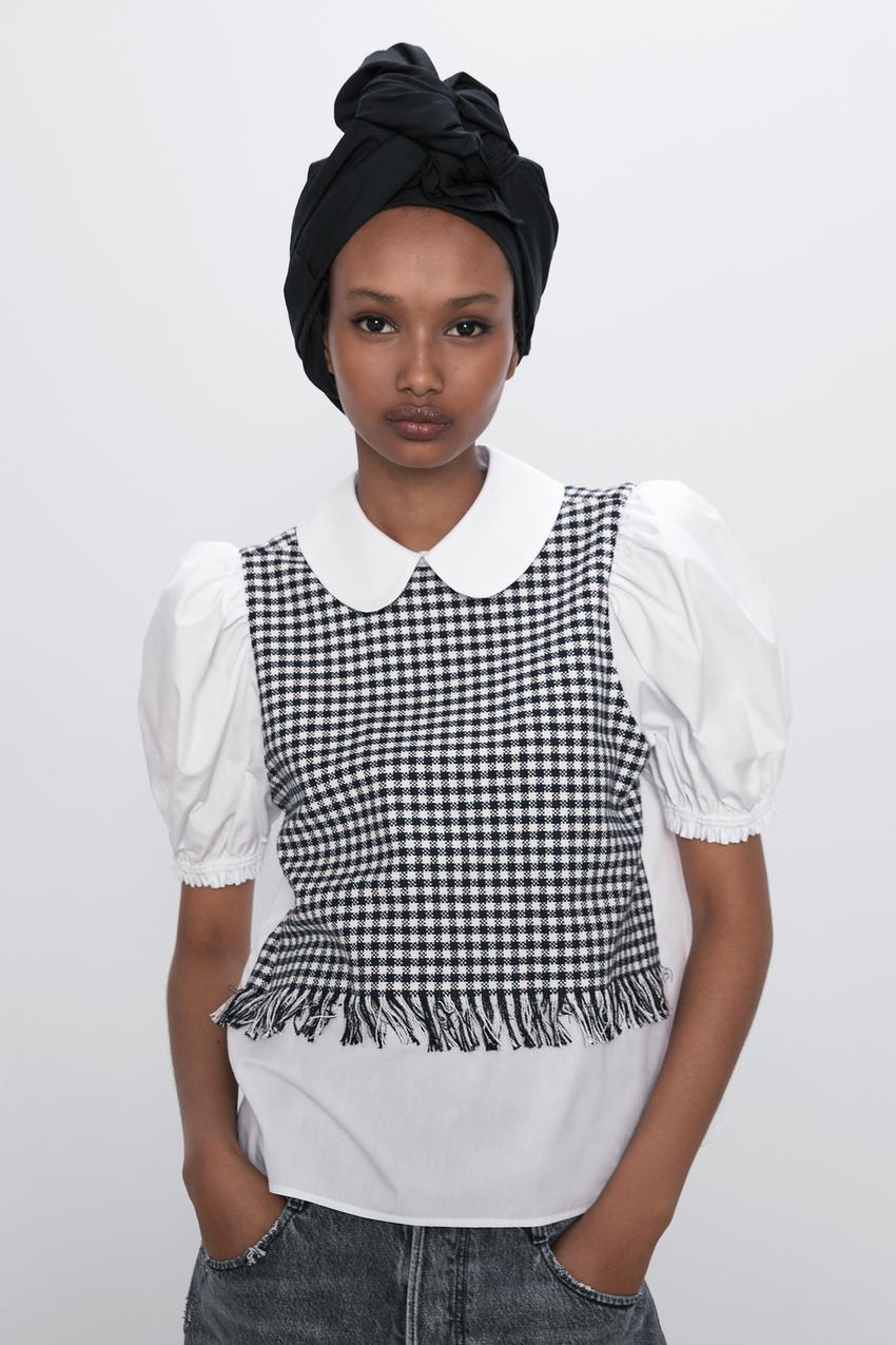 Image 1 of BLOUSE WITH CONTRAST TWEED DETAIL from Zara