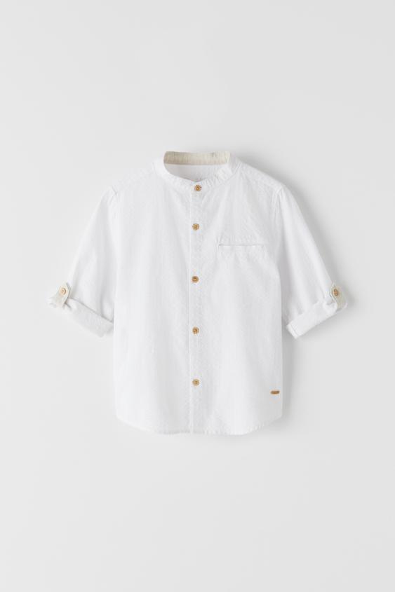 TEXTURED WEAVE SHIRT WITH STAND-UP COLLAR