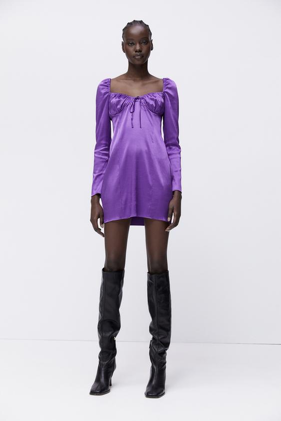 ギャザー入りサテンワンピース パープル Zara Japan 日本 ギャザー入りサテンワンピース パープル Zara Japan 日本