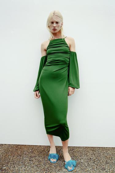 ギャザーディテール ロング ワンピース グリーン Zara Japan 日本 ギャザーディテール ロング ワンピース グリーン Zara Japan 日本